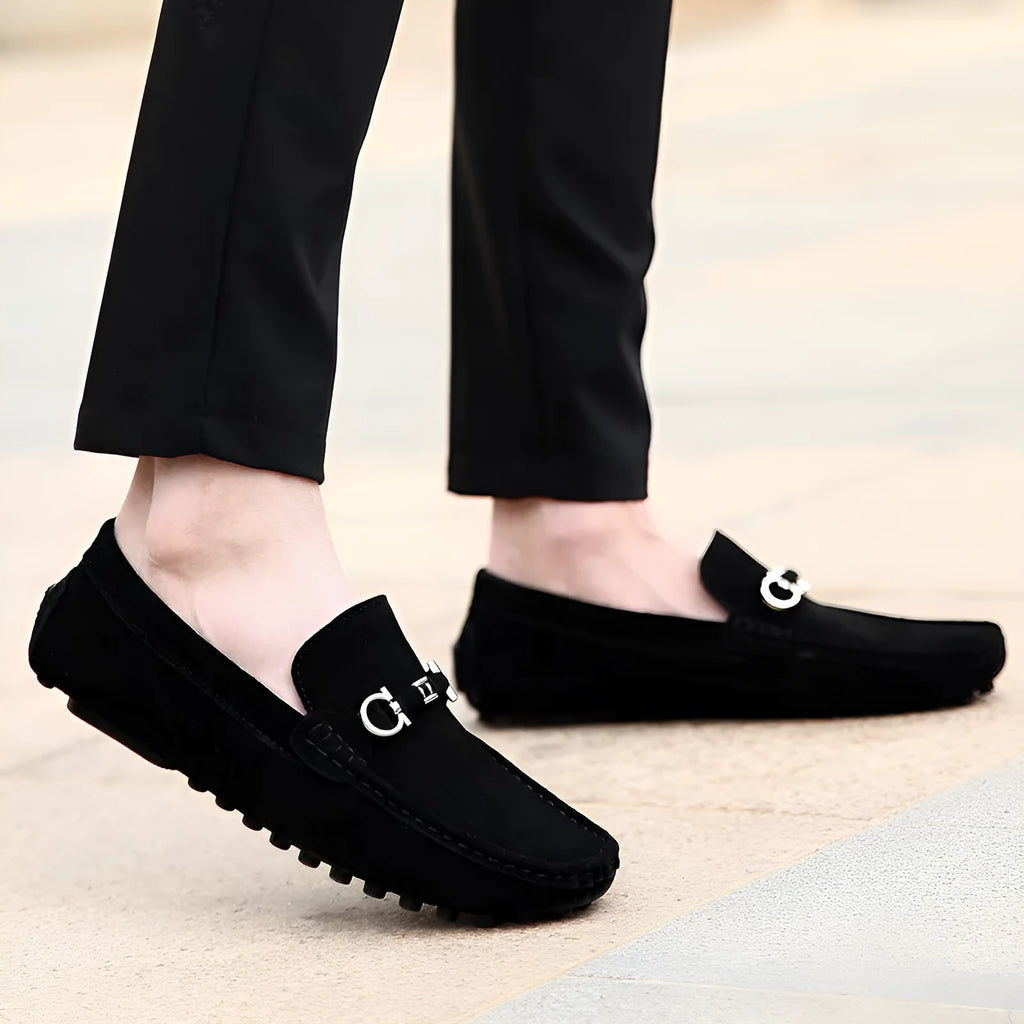 Men's matte cowhide leather slip-on shoes with square toe and rubber sole in black colour