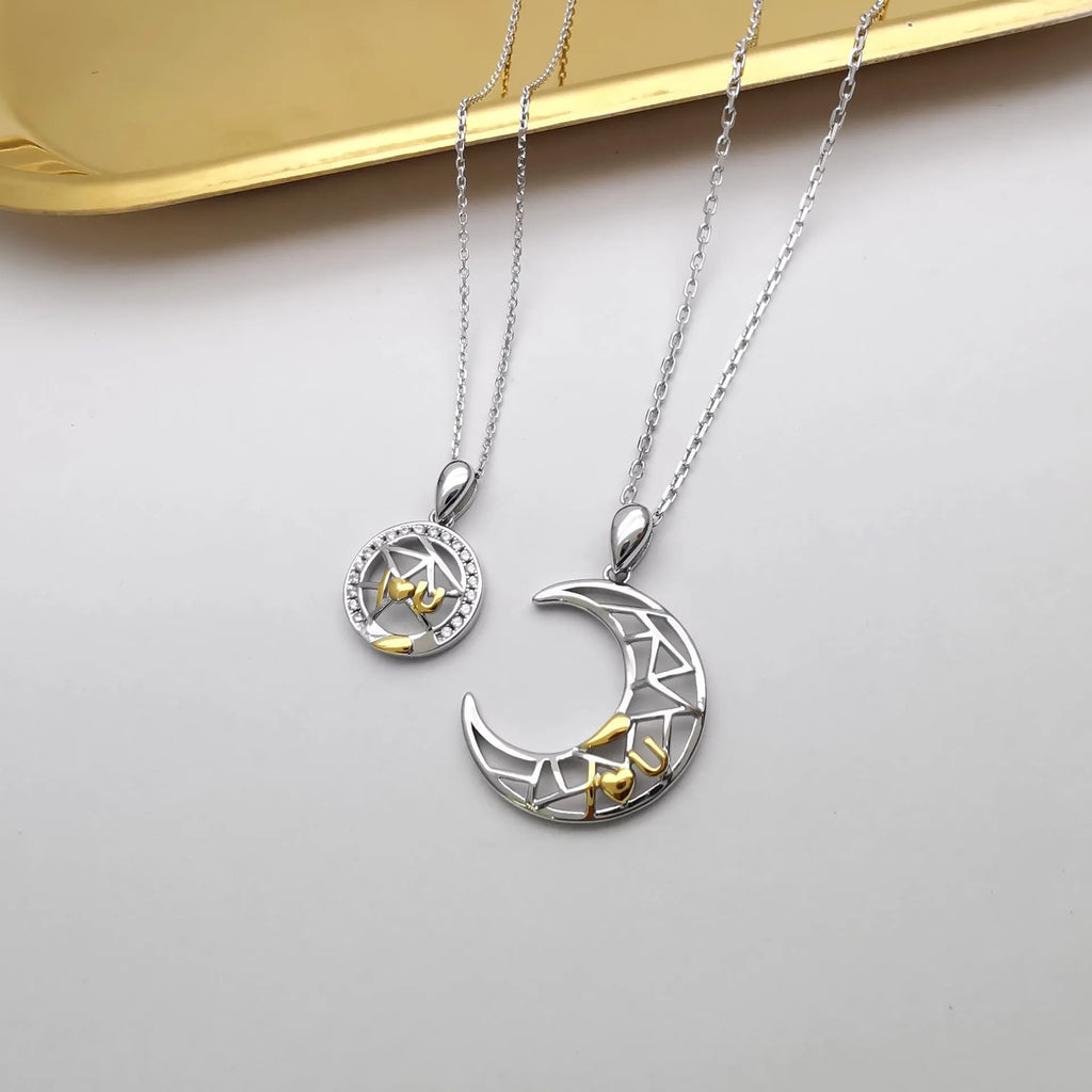 Sun moon copper couple necklace with cross chain and electroplated finish
