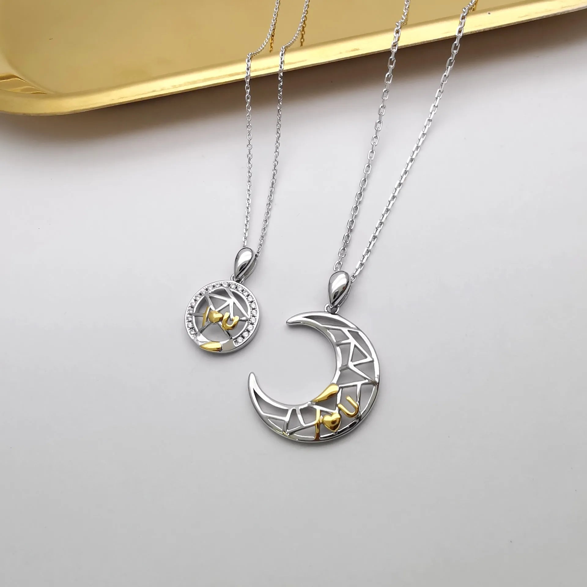 Sun moon copper couple necklace with cross chain and electroplated finish