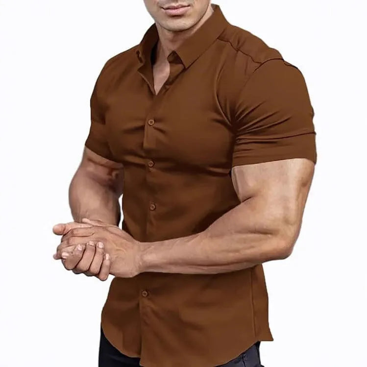 Men's casual short sleeve printed shirt cardigan in polyester, shown in brown colour.
