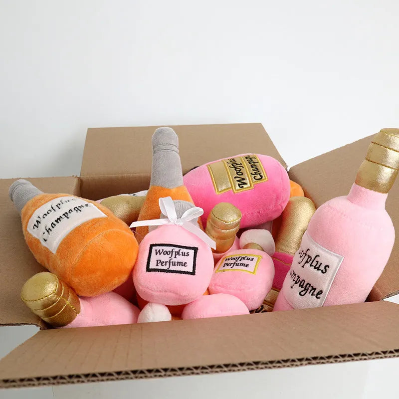 Plush wine bottle dog chew toy with squeaker for small medium dogs in multiple colour options