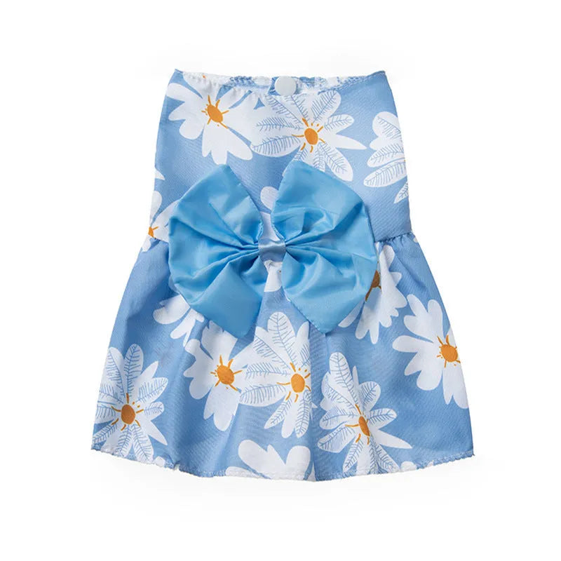 Orange floral butterfly knot princess dress on dog showing ultra-thin summer pet clothing