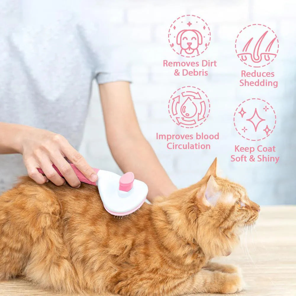 Blue cat brush with a release button and fine wire bristles for removing loose fur