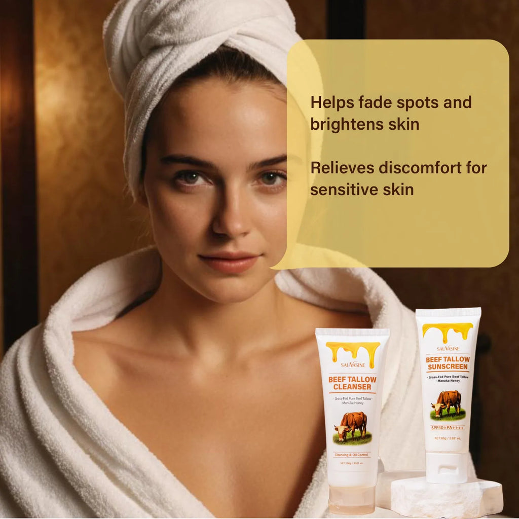 Butter Honey seven-piece skincare set box containing facial cleanser, face cream, lipstick, protective cream, body lotion, facial scrub, and beef tallow.