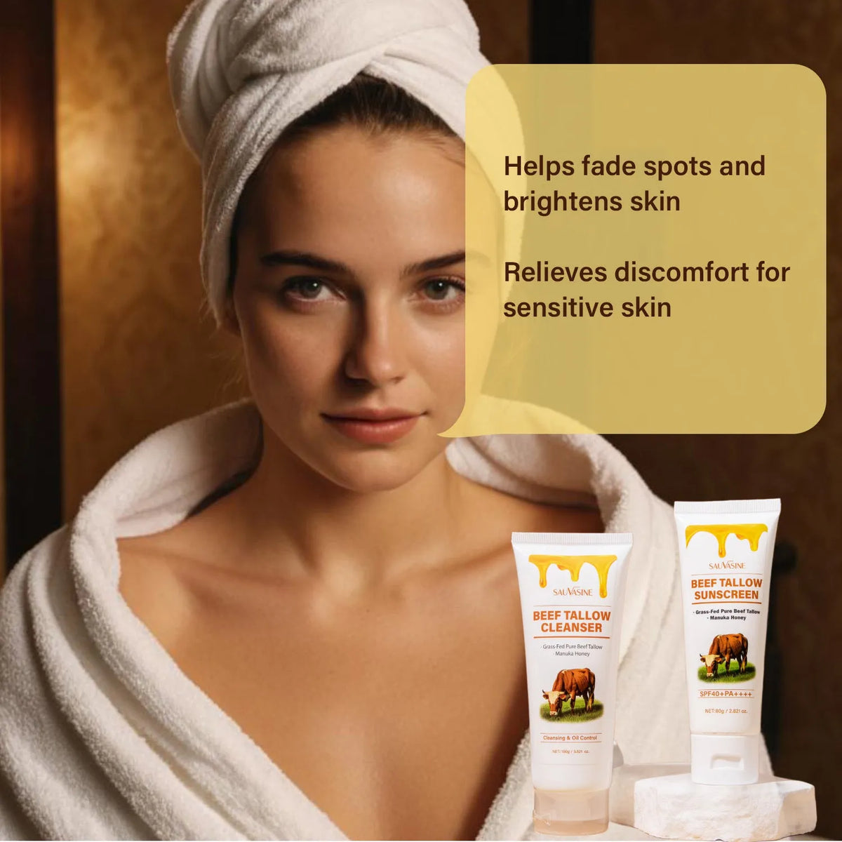 Butter Honey seven-piece skincare set box containing facial cleanser, face cream, lipstick, protective cream, body lotion, facial scrub, and beef tallow.