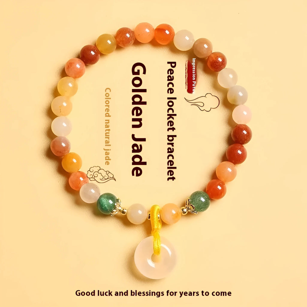 Handmade natural jinsi jade and red agate peace clasp bracelet with safety buckle on wrist.