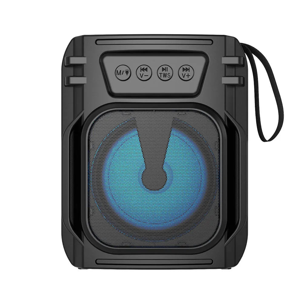 Portable Bluetooth speaker with USB charging cable, compact 110x87x137mm size for desktop and outdoor use