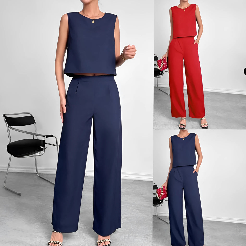 Red women's sleeveless top and wide leg trousers two-piece set on hanger