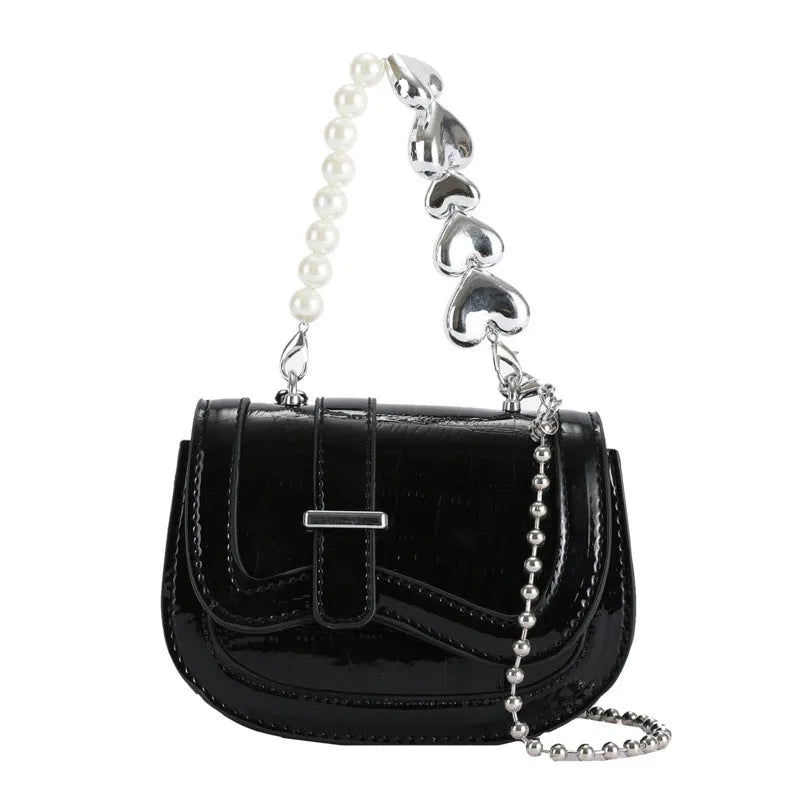 Silver laser pearl tote saddle girl mini crossbody bag with single strap and mobile phone pocket