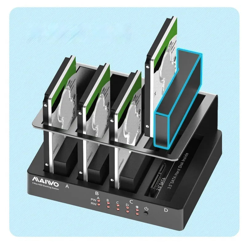 External four-bay hard drive expansion dock for 2.5 inch SATA drives with cables and brackets.