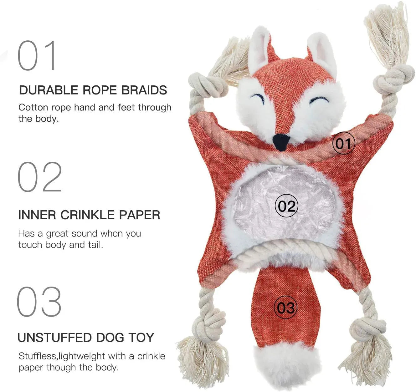 Brown fox dog toy with squeaker, crinkle paper, and cotton rope arms