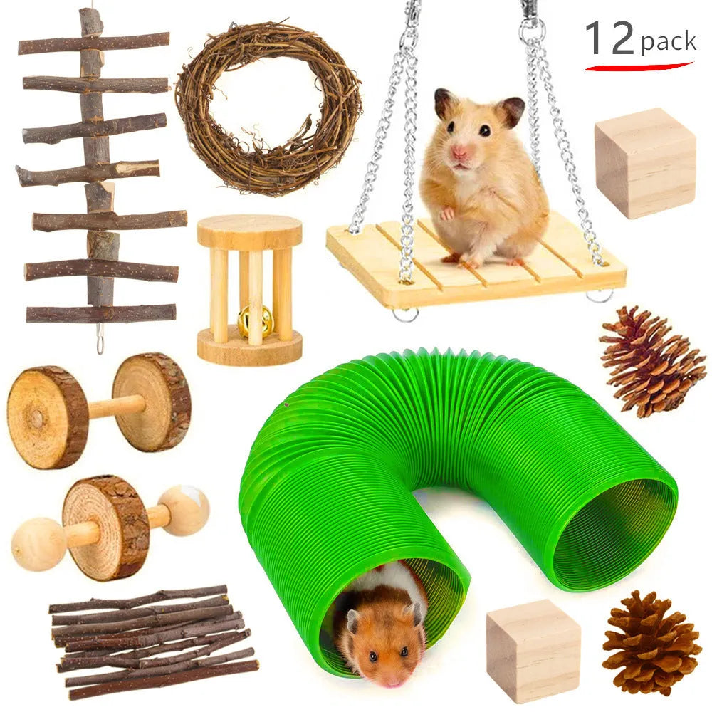 Wooden chew toy set for small pets with natural fibre components including straw and hyacinth balls