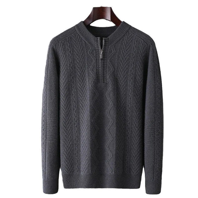 Men's pure wool diamond pattern half-zip sweater in light camel colour showing front detail