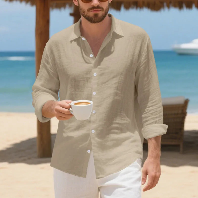 Linen casual shirt in loose fit style shown in Army Green colour with non-ironing finish