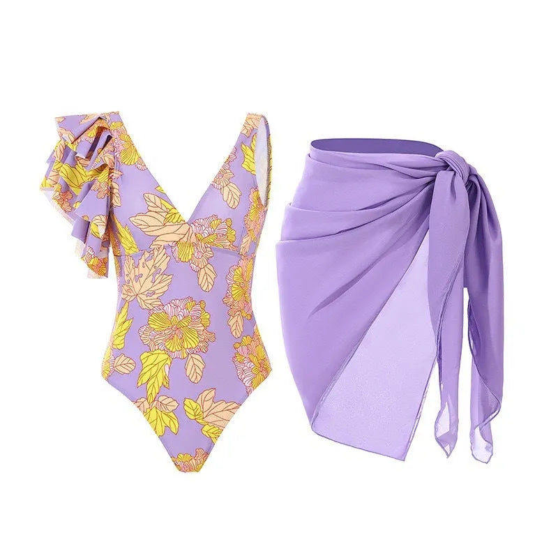 Women's solid colour one-piece swimsuit with spaghetti straps and detachable skirt