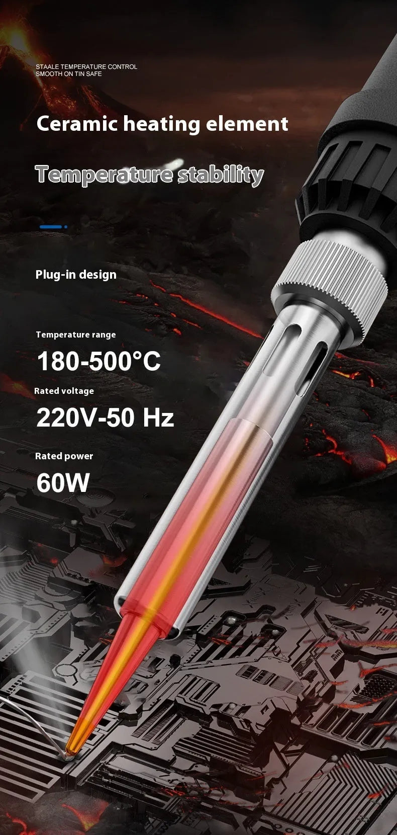 Grey 90W electric soldering iron with ceramic heating core, five tips, sponge, and tin wire on a workbench.