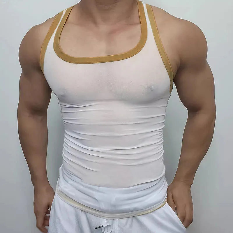 Men's tight-fitting black mesh vest for sports and fitness training.
