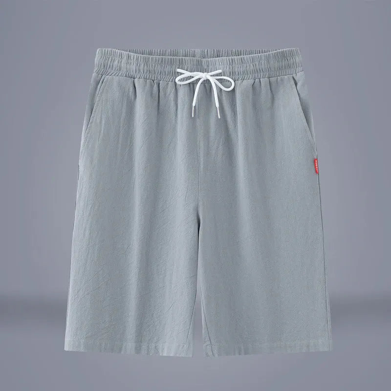 Chinese style solid colour cropped pants in cotton linen fabric with a drawstring waist.