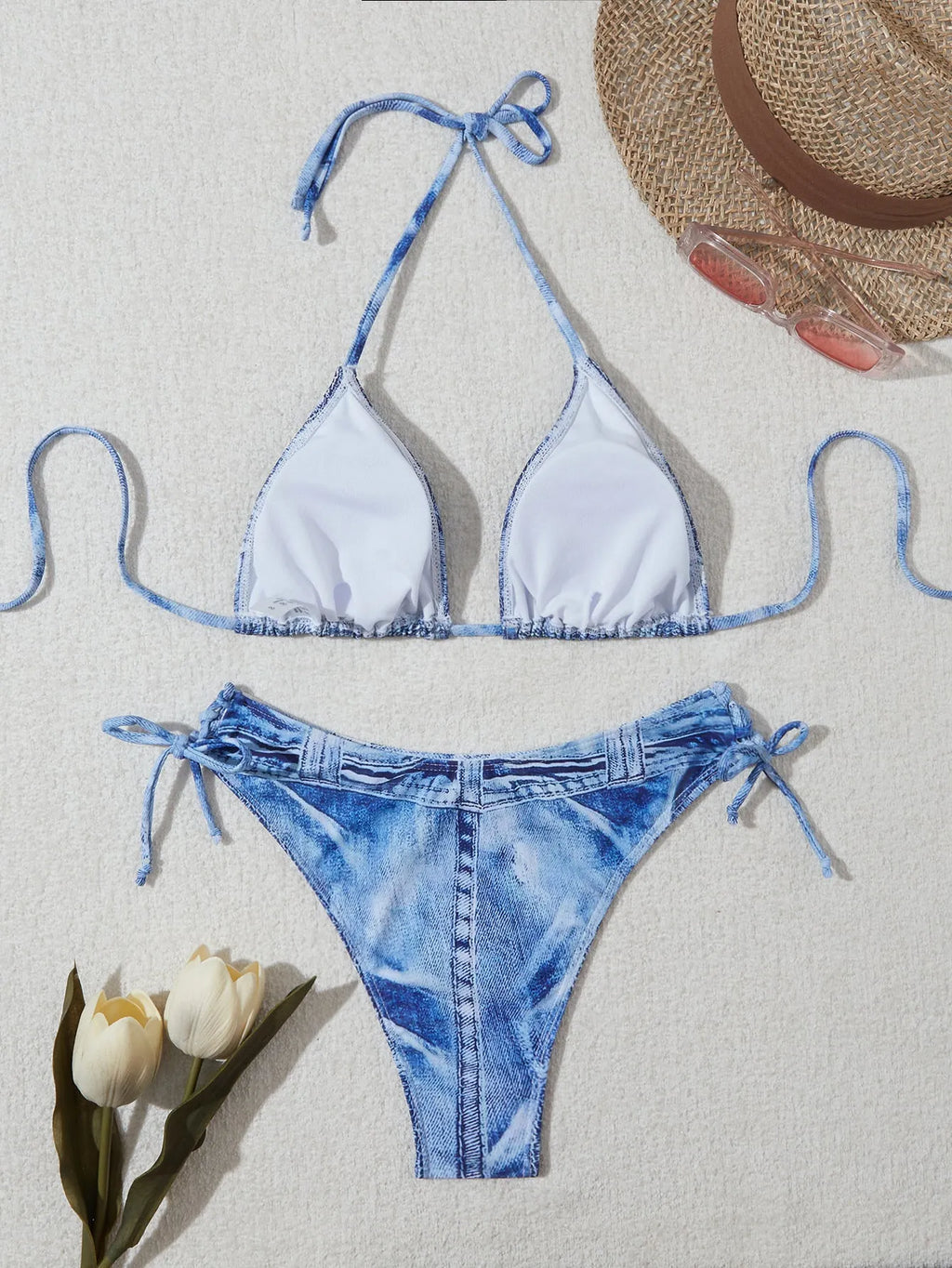 Women's denim blue printed strap bikini set with ruffle detail design