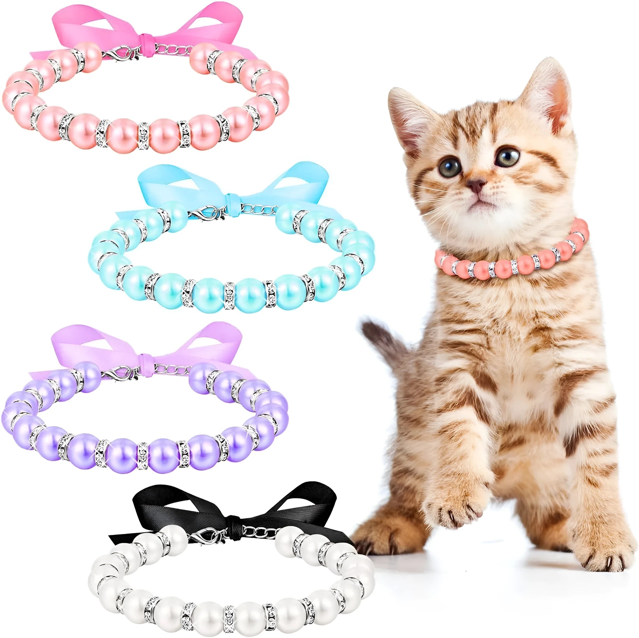 Small dog wearing adjustable pearl and rhinestone necklace with ribbon bow in pink colour