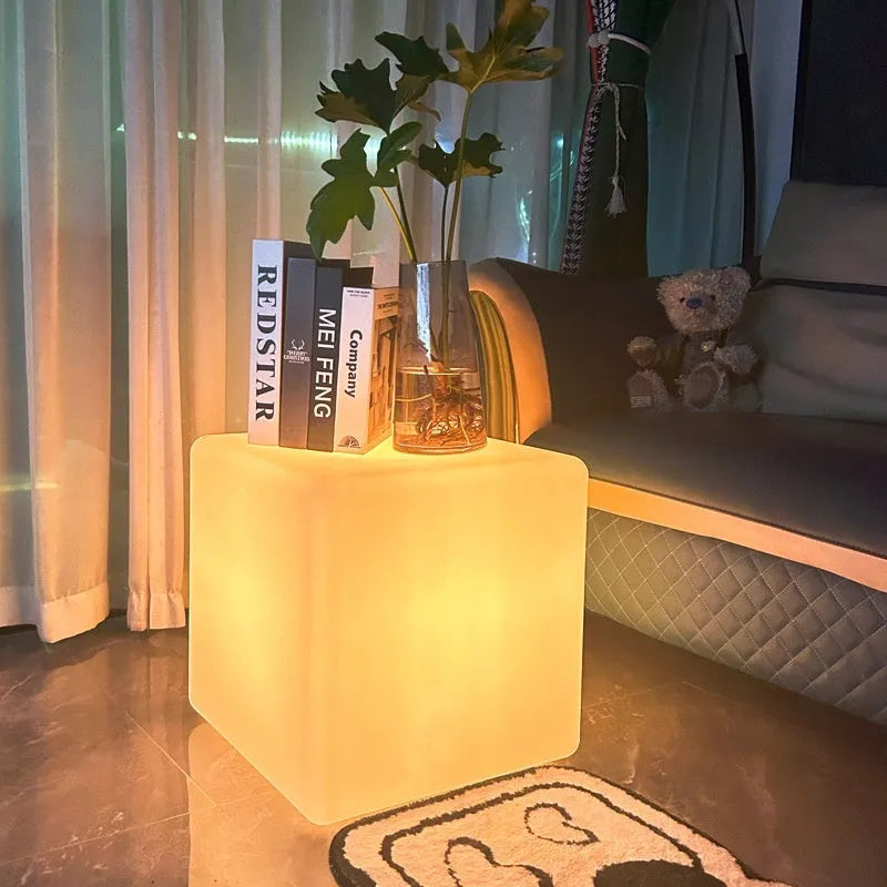 Square LED cube light stool in modern minimalist style with waterproof outdoor rating