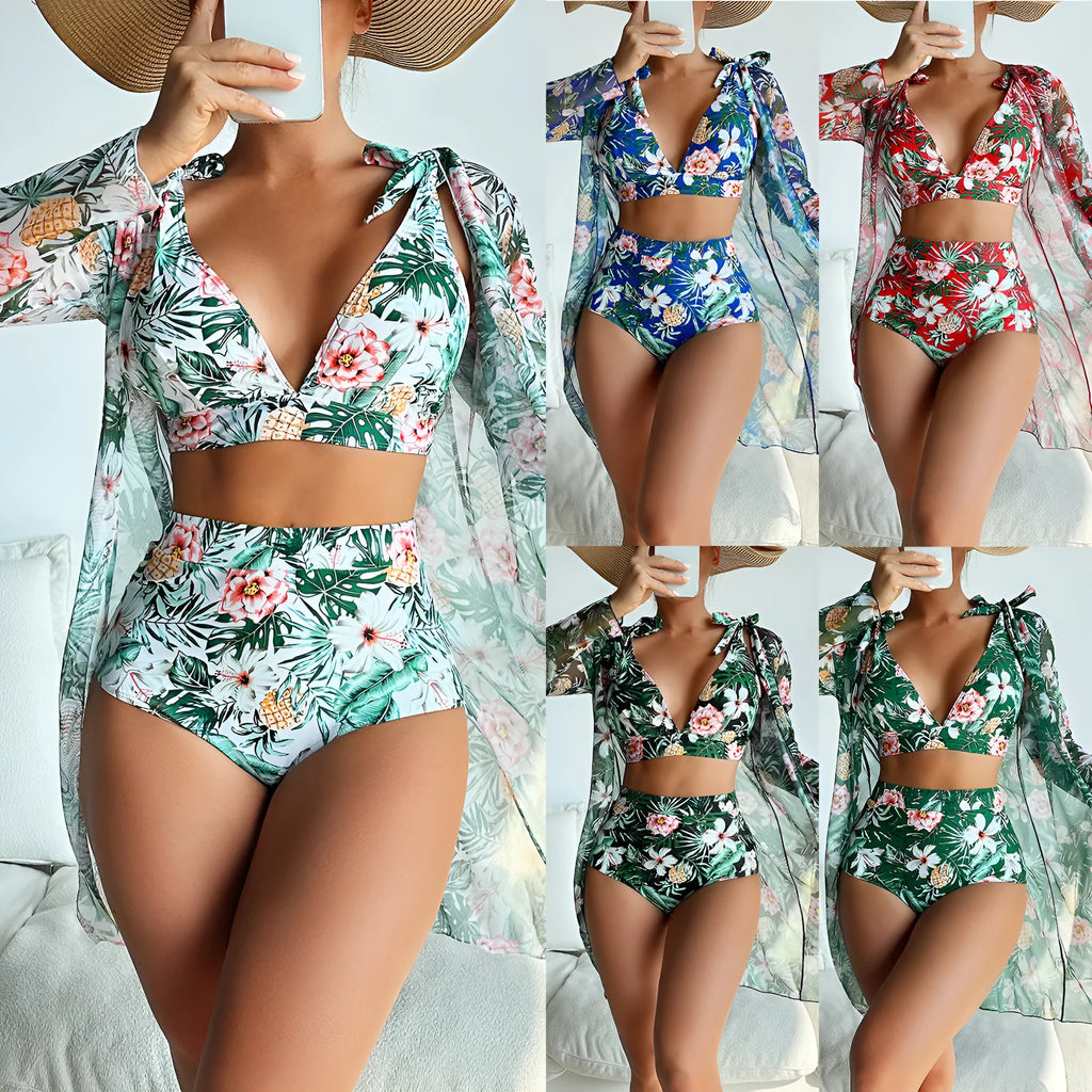 Women's multicolour printed bikini three-piece set with sunscreen shirt on hanger