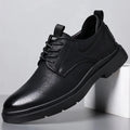 Men's black and brown breathable leather business shoes with rubber sole and sewing line detailing