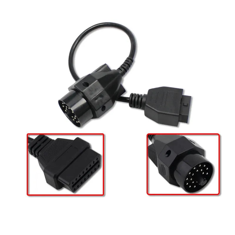 BMW 20-pin to standard 16-pin OBD2 diagnostic adapter cable on a white background.