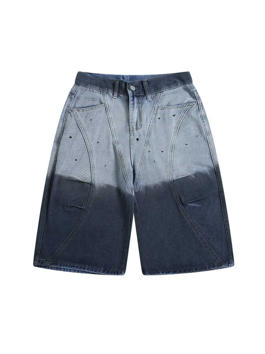 Blue tie-dye gradient cropped jeans with loose fit and washed-out appearance, mid waist casual pants