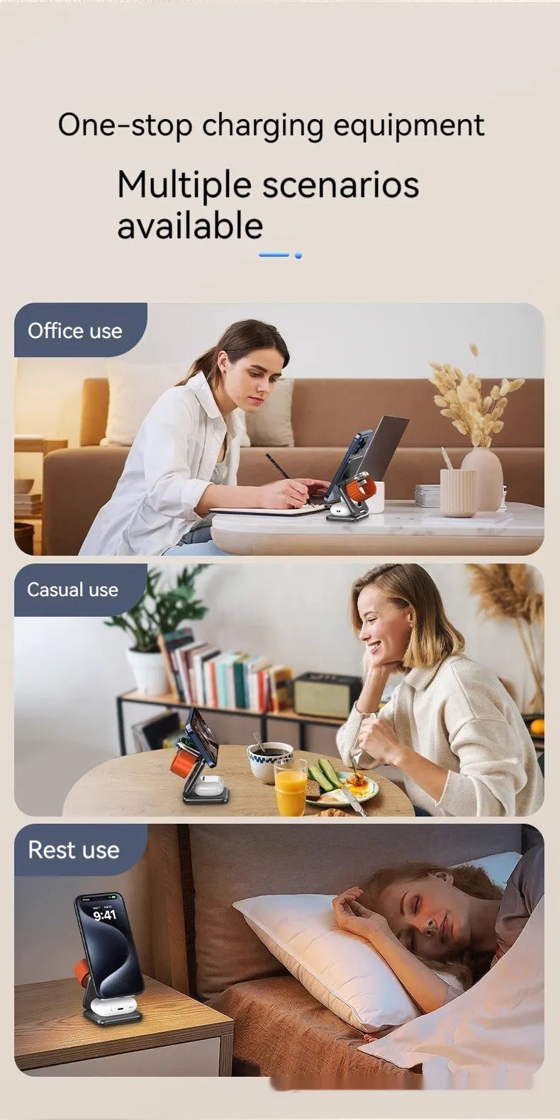 White foldable magnetic wireless phone charger holder with 360-degree rotating base on a desk.