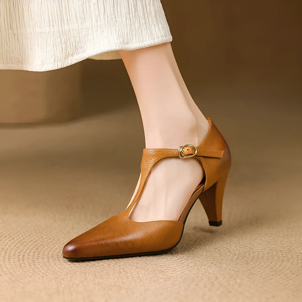 Brown retro women's sandals with a T-strap buckle and a block heel.
