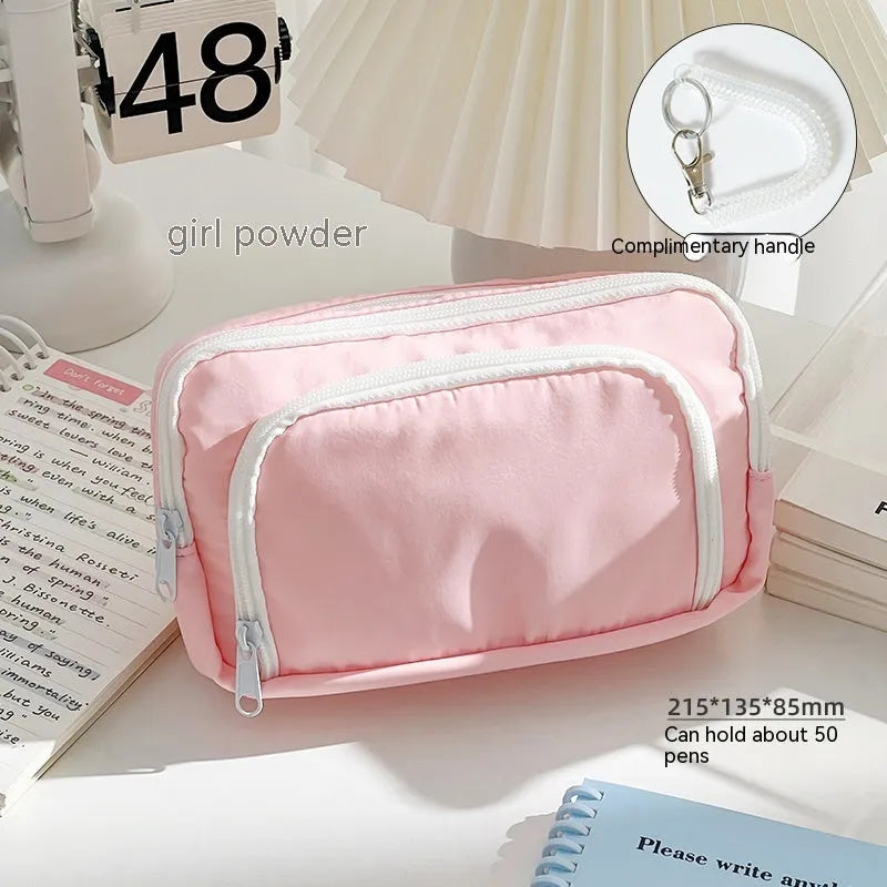 Double layer pencil case for exam stationery with gift handle in blue, cream, green or pink solid colours