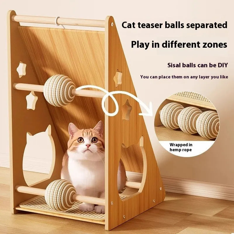 Vertical cat scratch board with sisal surface and wall-mounted design including cat teasing ball