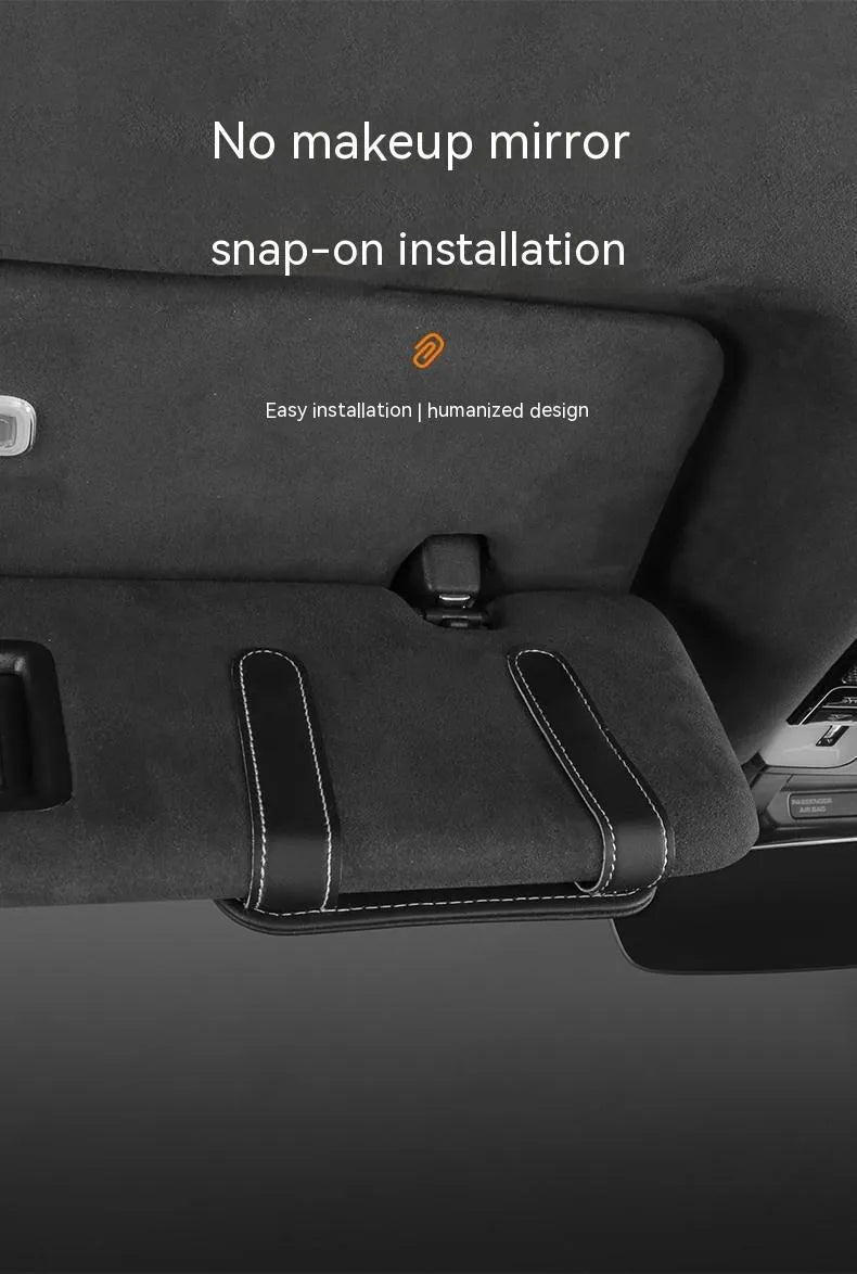 Genuine cowhide leather car sun visor holder with clip for sunglasses, shown in a selection of colours.
