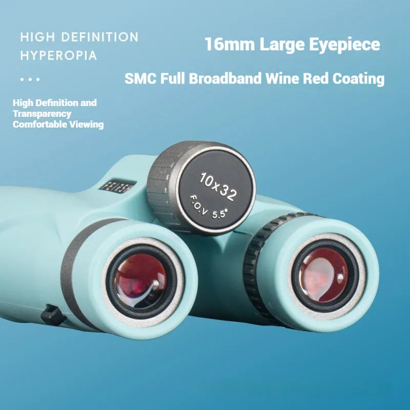 Compact 10x32 plastic binoculars in grey or blue with 32mm objective lens and 112x140x45mm dimensions for outdoor use
