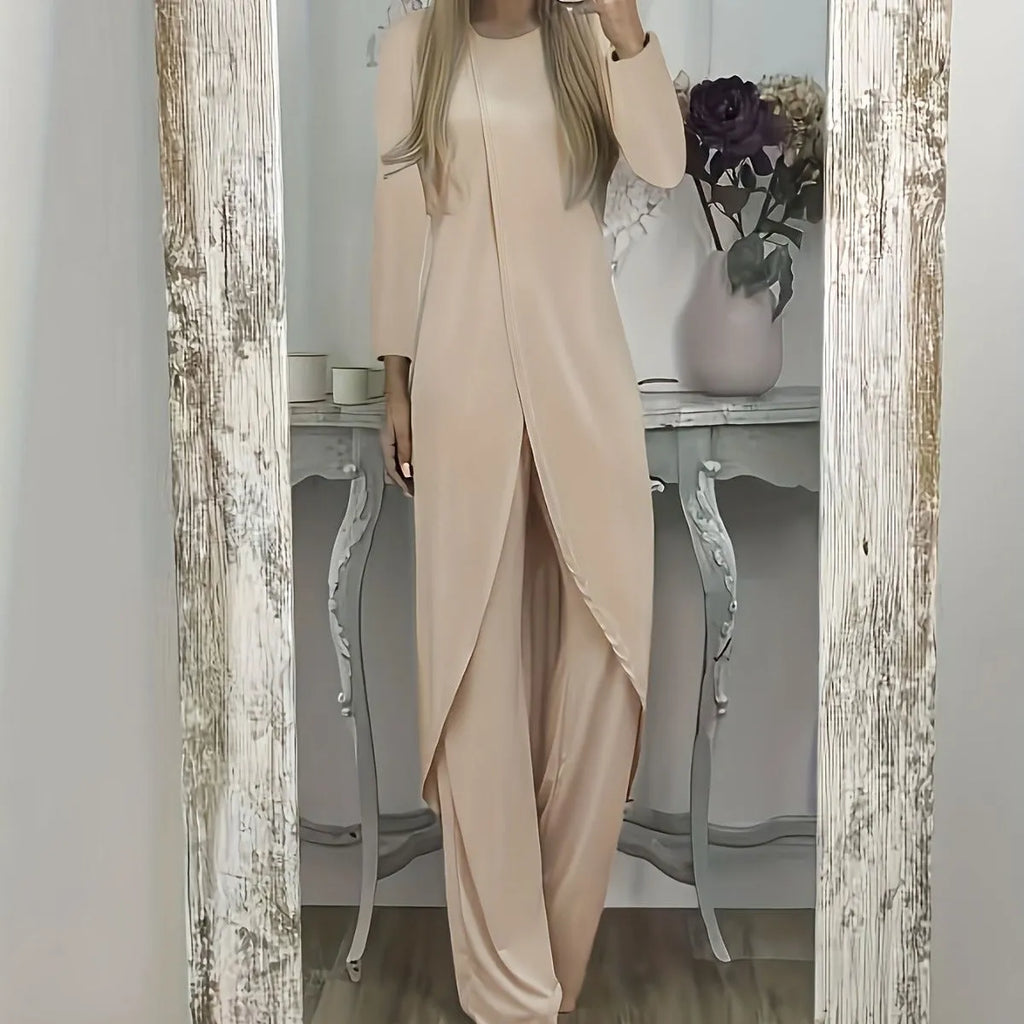 Women's black casual two-piece lounge set with long sleeves and matching trousers on a hanger