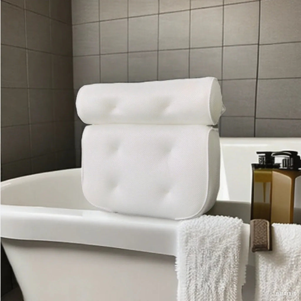 White 4D mesh bathtub pillow with seven suction cups, shown on a bathtub.
