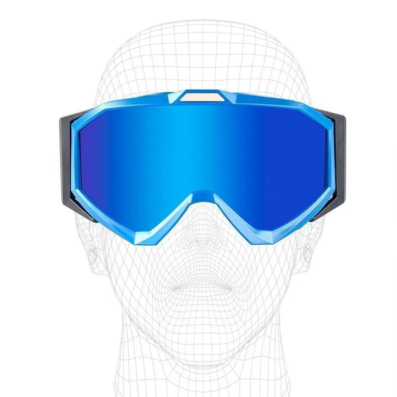 Motorcycle goggles with double layer anti-fog lens in various colour options including black, red and blue frames