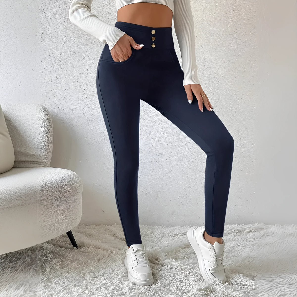 Women's navy blue high waist slim fit trousers with straight leg design