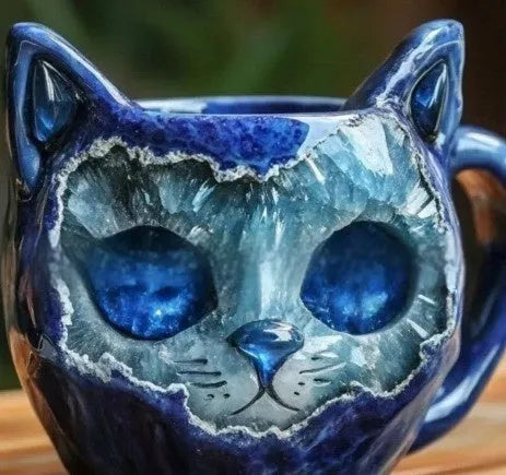 Purple geode crystal cat resin mug showing decorative design and scale