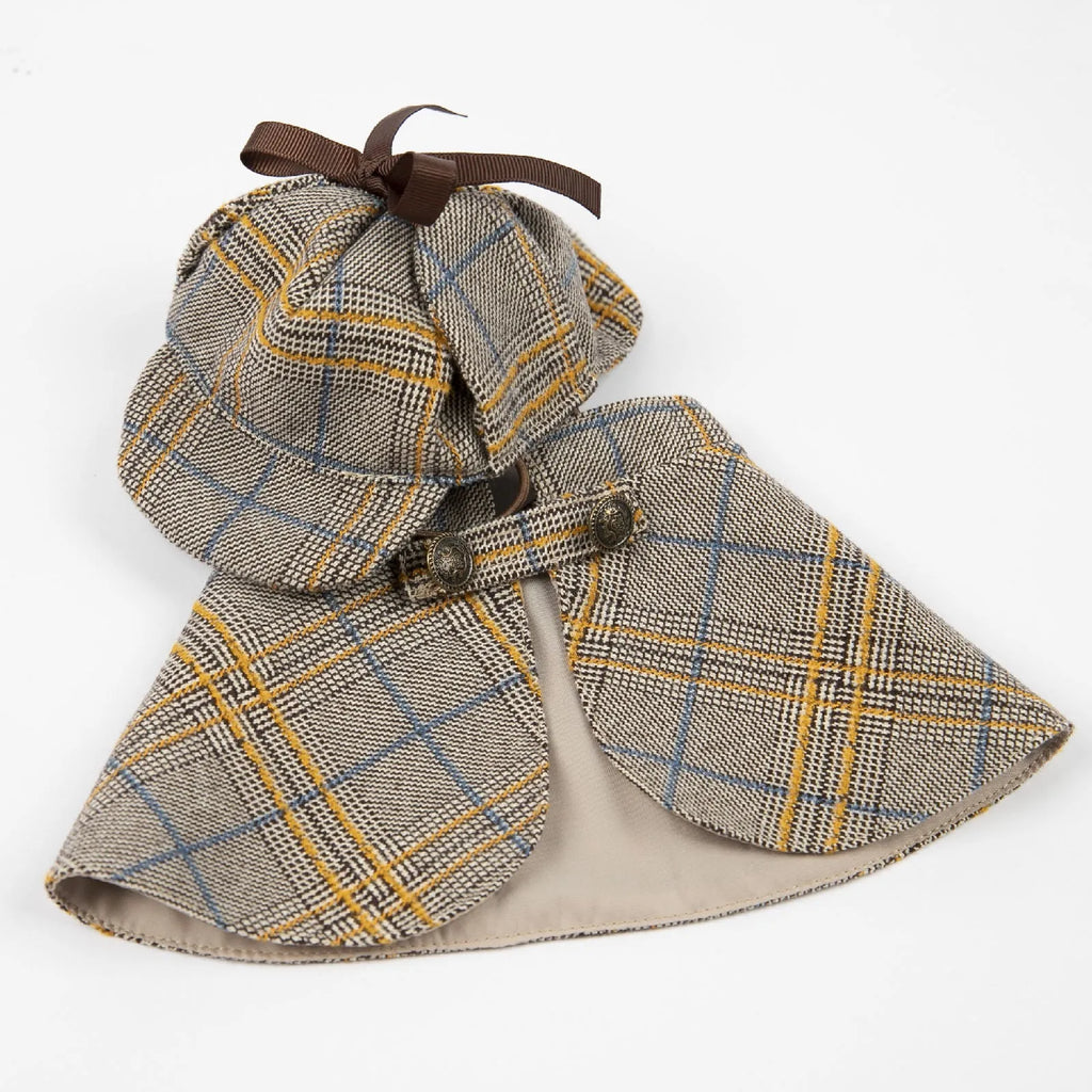 Camel coloured cotton pet cloak with adjustable hat for small dogs in spring and autumn