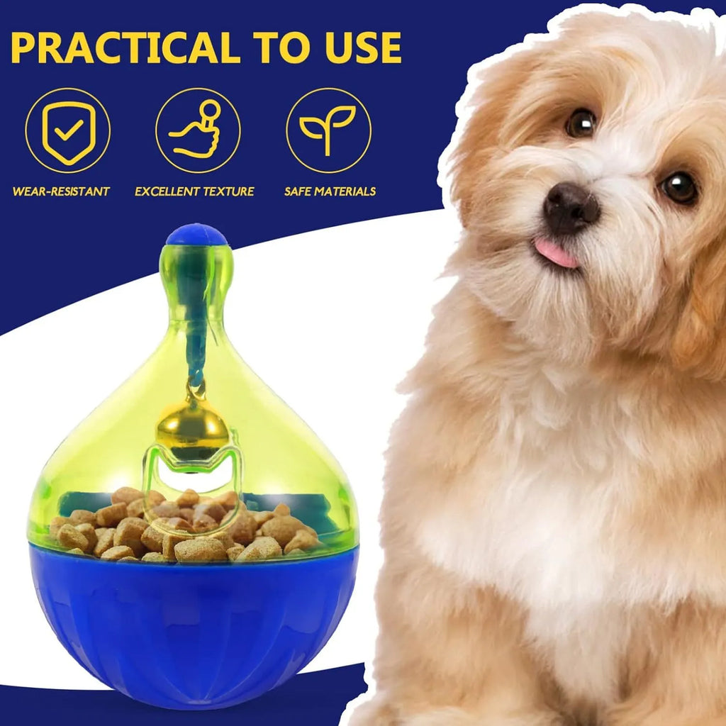 Blue plastic pet treat dispenser tumble ball with treat holes