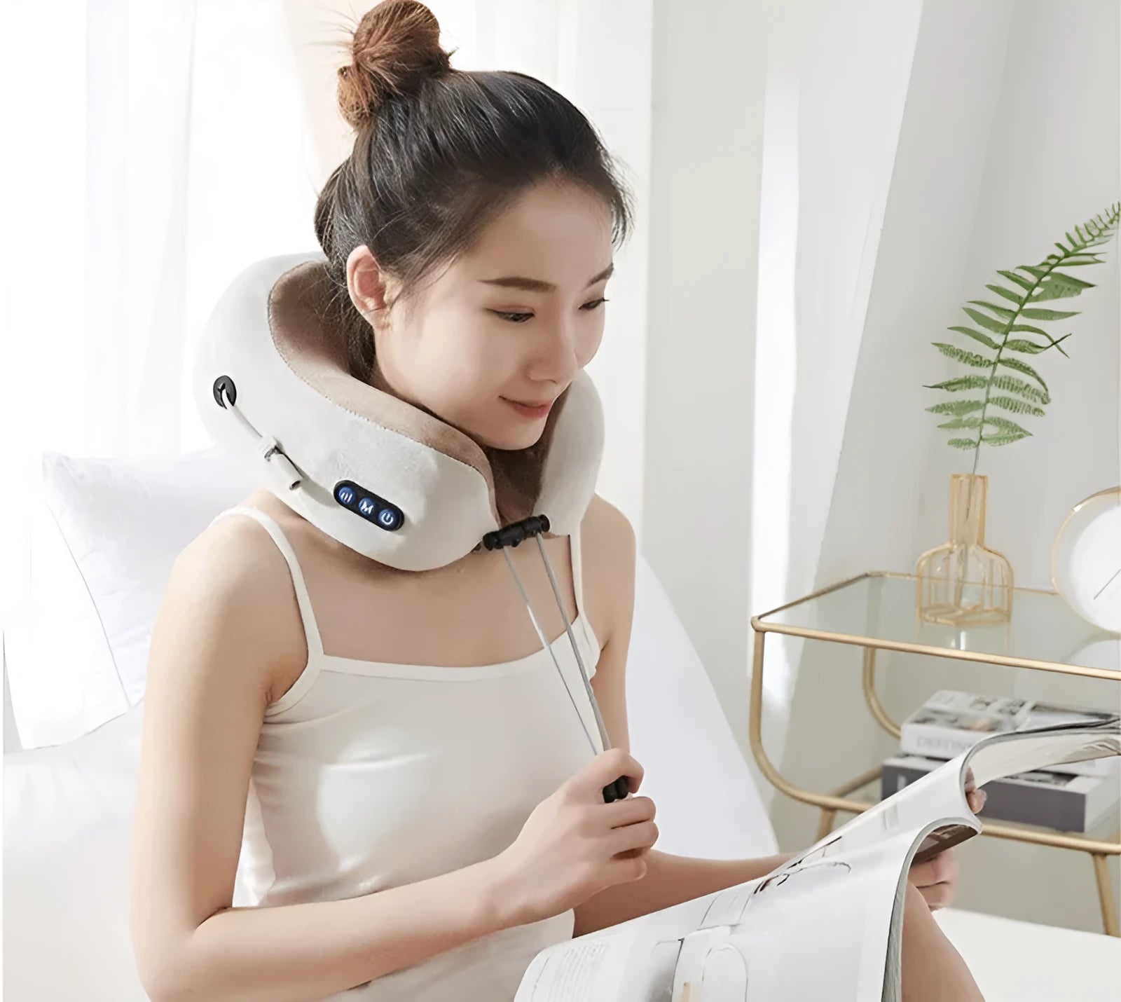 Brown U shaped electric neck massager pillow with heat therapy and massage heads
