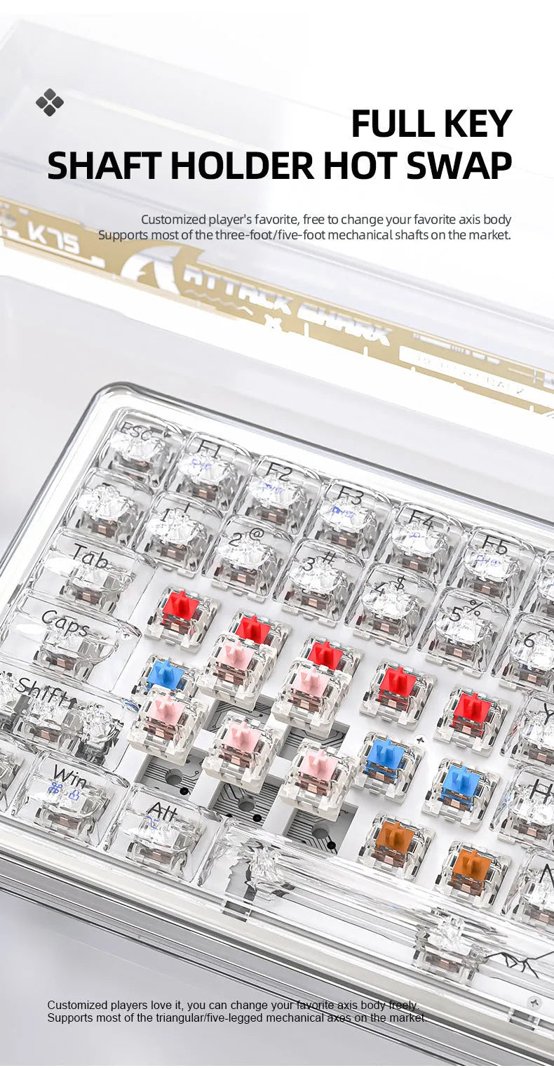 Attack Shark K75 RGB wireless mechanical keyboard with transparent PC case showing internal lighting