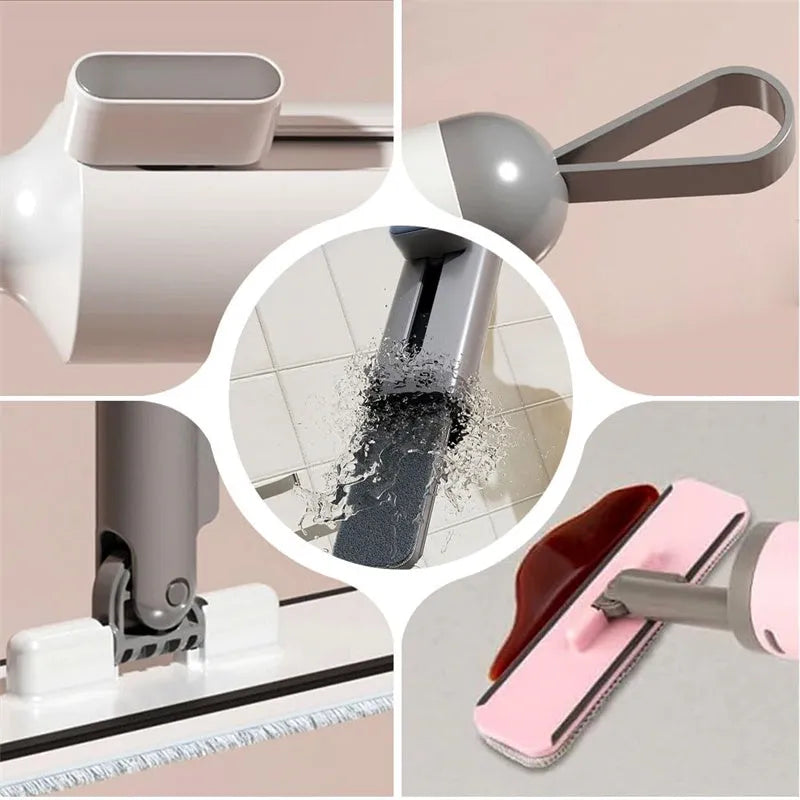Rotatable self-squeeze mini mop with reusable microfiber pads and crevice brush for wet dry floor cleaning