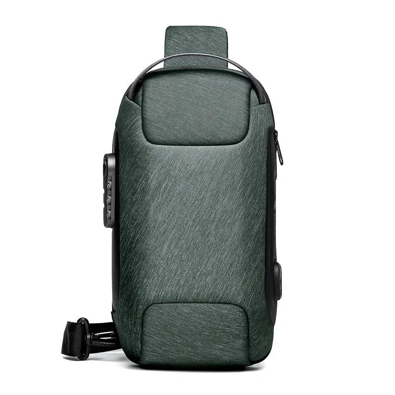 Men's black Oxford cloth crossbody bag showing front zipper and shoulder strap, with internal phone and laptop pockets visible.