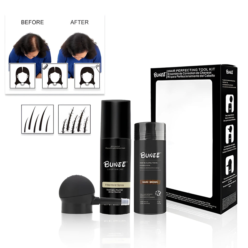 Canister of hair thickening fibre powder with nozzle and bottle of styling spray for thinning hair