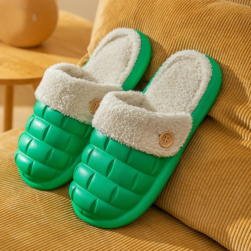 Plaid detachable slippers with plush lining and a textured EVA sole, shown in pink.