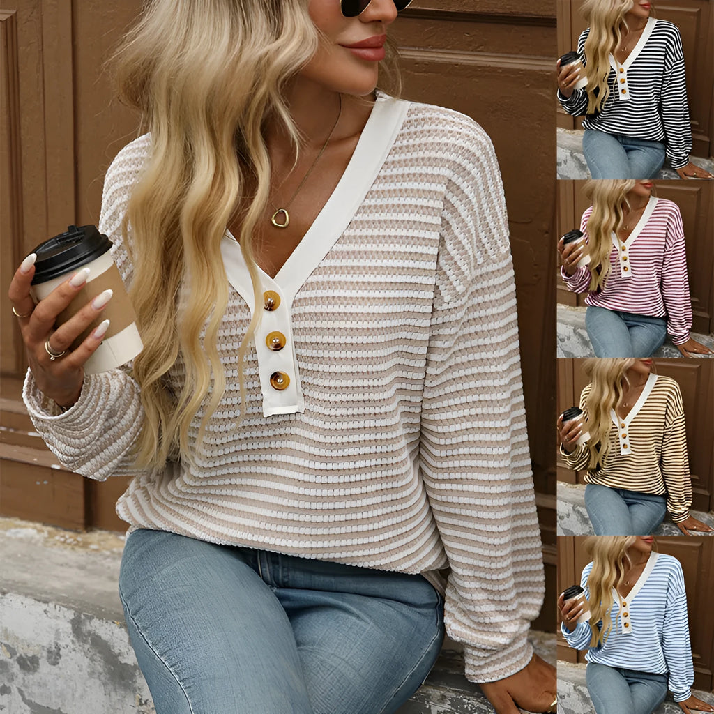 Women's V-neck pullover top with patchwork detailing and long sleeves in loose streetwear fit