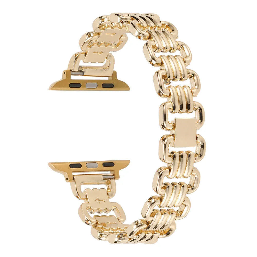 Alloy metal watch bracelet for Apple Watch in silver, black, gold, rose gold, and starlight colours on a white background